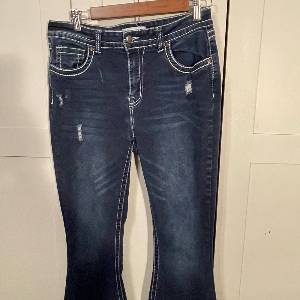 BAMBOO Dark Blue Flare Women's Jeans - Picture 3 of 13